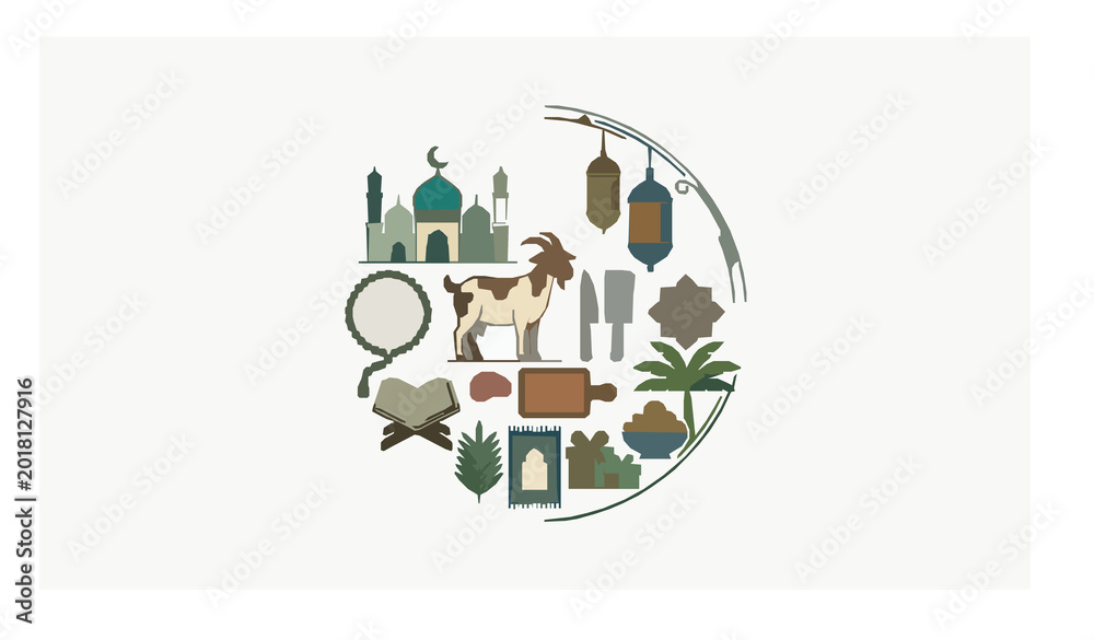 Fototapeta premium Qurbani Day top view vector illustration with goat mosque tools and Islamic festive elements