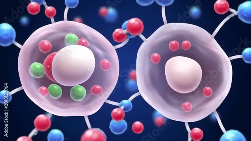 Microscopic view of abstract molecular structures with orbiting spheres