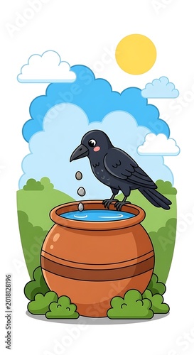 Thirsty crow fable cartoon illustration showing black bird dropping stones into clay pot of water under sunny sky