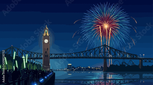 Картината върху платно Fireworks explode over clock tower and bridge at night