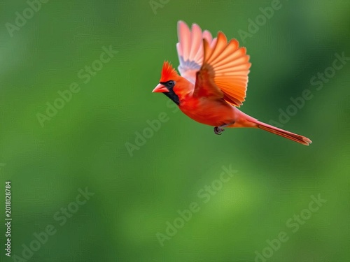 Fiery cardinal in flight against a blurred green background,  zoom blur,  feathers