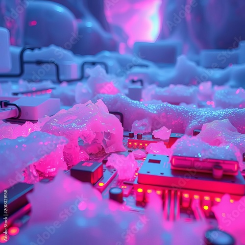 Frozen circuitry pulses with glacial luminescence in a cybernetic dreamscape,  luminous,  detail