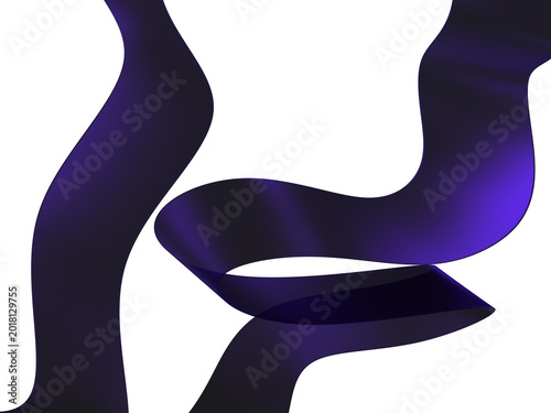 Abstract flowing purple ribbon shapes on black background 3D render
