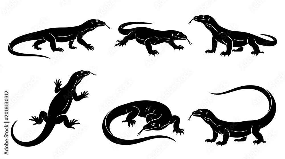 Obraz premium monitor lizard silhouettes in side view, solid black shapes, each in different poses such as walking.