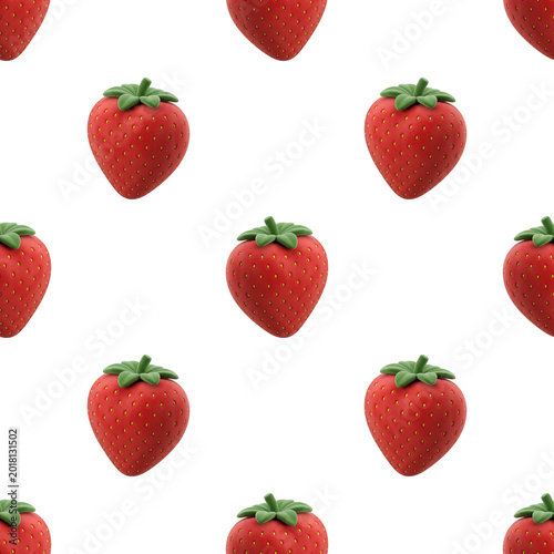 3D realistic strawberry seamless pattern with green leaves, repeating fresh fruit surface design concept
