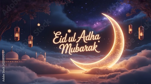 Eid ul adha mubarak greeting card with crescent moon and mosque in the background at night with lanterns hanging from trees