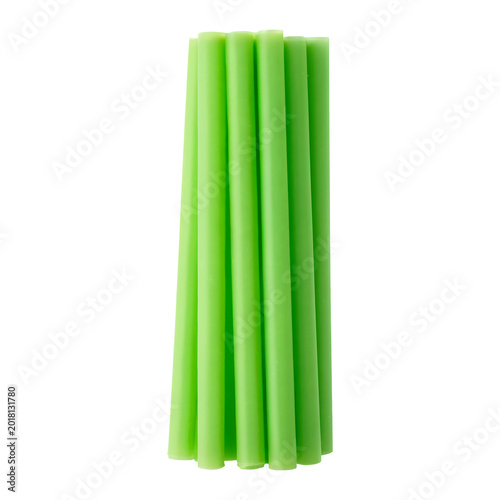 Bundle of green reusable silicone drinking straws grouped together, eco-friendly sustainable beverage concept