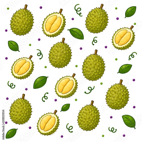 Seamless pattern of cartoon durian fruit, whole and halved with yellow pulp, featuring green leaves and decorative elements on a white background.