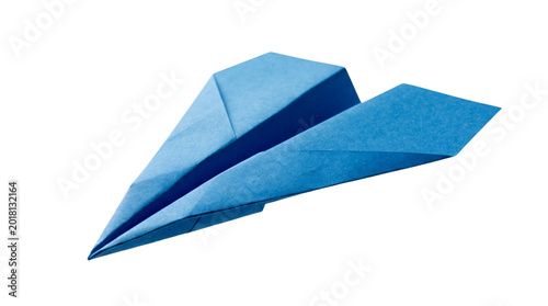 Blue paper airplane folded from origami sheet on transparent background 