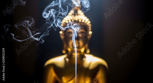 Golden Buddha statue with incense smoke in dark temple