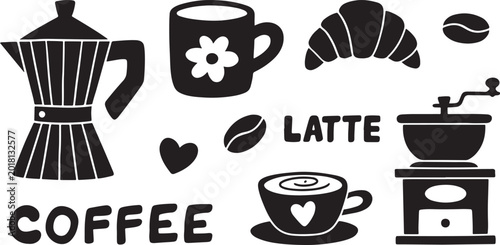 Foto Black and white collection of coffee related icons featuring a moka pot a cup a