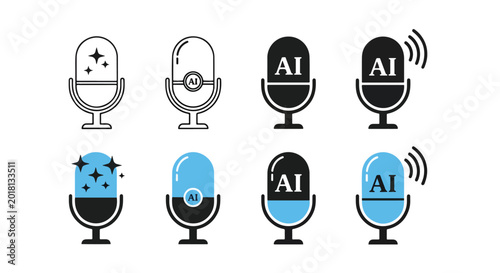 Artificial intelligence microphone set - Solid vector icons - Clipart, sticker - icon set - Editable modern style icon