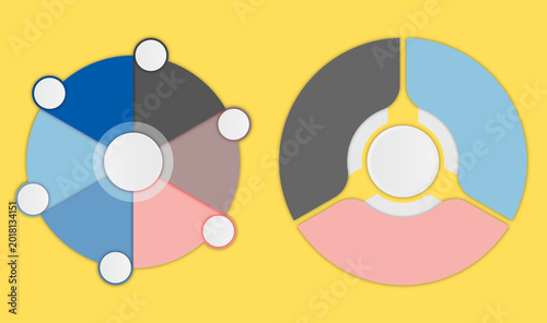 Abstract circular infographic templates with five and three sections for business presentation