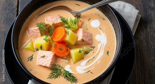 Creamy salmon soup with potatoes, carrots, and fresh dill in a black bowl, top view of a hearty homemade fish chowder.