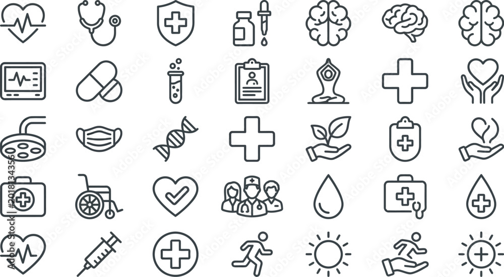Naklejka premium Medical icons representing healthcare services and wellness concepts are arranged in a clean grid layout.