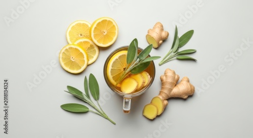 Cup of herbal tea with fresh lemon slices, ginger root, and sage leaves on a light background, top view of healthy beverage ingredients.