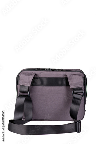 A small grey bag with a long adjustable handle.