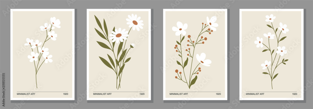 Naklejka premium Naive Art Minimalist Botanical Flower Illustrations in Neutral Mid Century Style