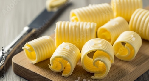 Fresh butter curls with sea salt crystals on a wooden board, decorative butter rolls served with a butter knife.
