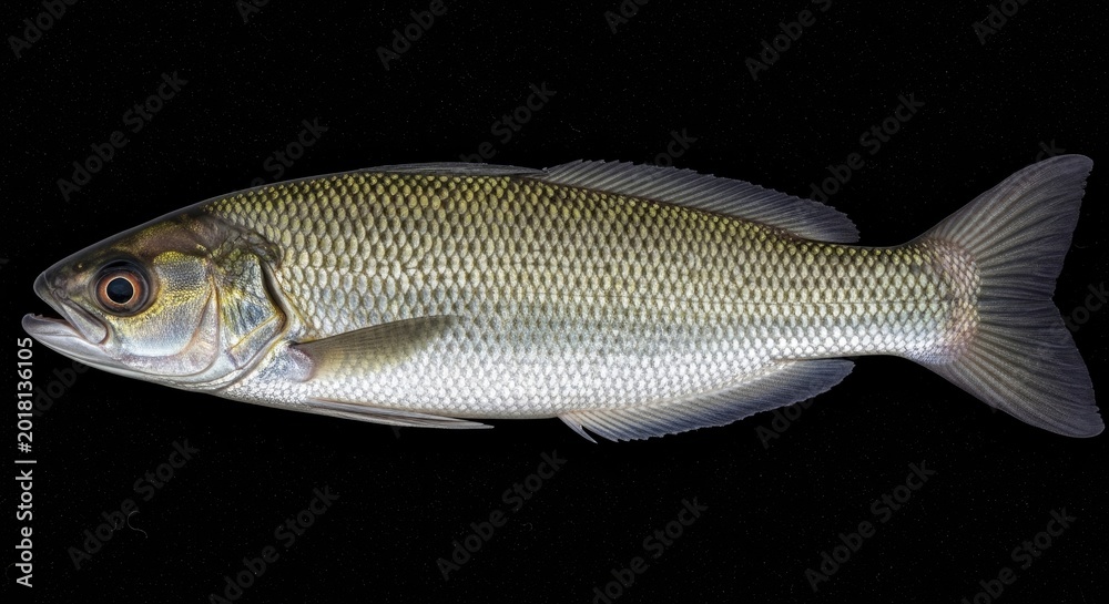 Fototapeta premium Fresh silver fish with detailed scales isolated on a black background, studio shot of a raw whole fish.