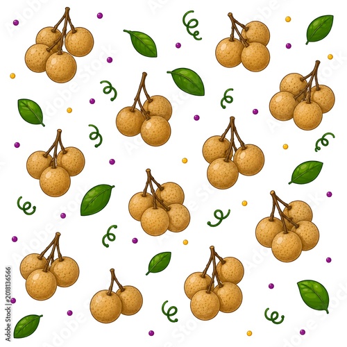 A seamless pattern featuring clusters of fresh longan fruits, green leaves, and colorful decorative elements on a clean white background.