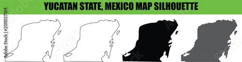 Fotografie Yucatan state Mexico map silhouette collection with black solid outline and pixelated dot styles isolated on checkered background for versatile design projects