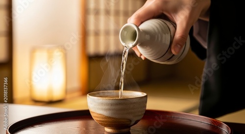 Hot sake being poured from a traditional ceramic carafe into a small cup, steaming alcoholic beverage in a dimly lit minimalist room.