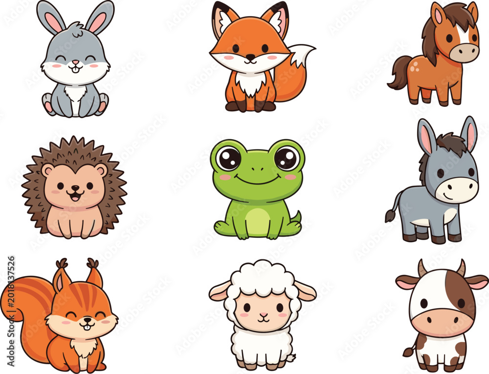 Obraz premium Cute Kawaii Animal Vector Set with Rabbit, Fox, Horse, Hedgehog, Frog, Donkey, Squirrel, Sheep, and Cow for Nursery Decor, Stickers, and Kids Educational Materials