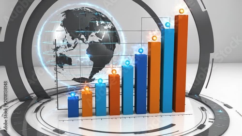 Global growth represented by a rising bar chart with a digital Earth