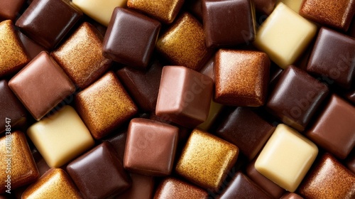 Close-up view of assorted square chocolate pieces in dark, milk, white, and caramel colors arranged in a textured and inviting pattern for dessert and sweet treat concept