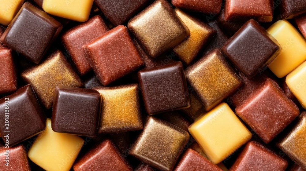 Fototapeta premium Close-up shot of assorted square chocolate pieces with shiny metallic and smooth finishes in various shades of brown, gold, copper, and cream colors filling the frame