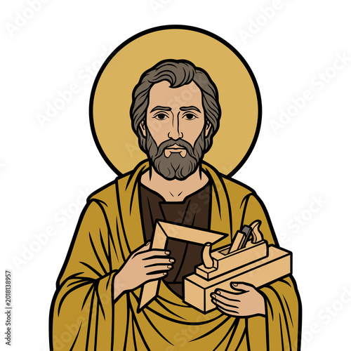 Fotografi Saint Joseph the Worker Vector Illustration - Father of Jesus Holding Carpentry