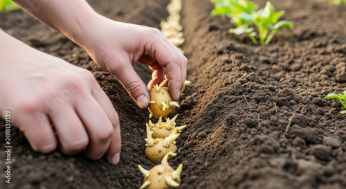 Person planting sprouted potatoes in a furrow in the garden soil, sustainable agriculture and organic home vegetable cultivation.