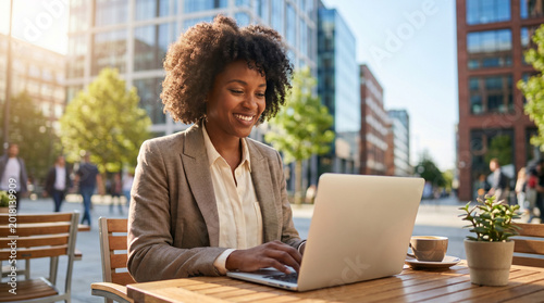 Happy Black businesswoman smiling while working remotely on a laptop in a sunny modern city. Freelancer typing an email marketing campaign outdoors. No logos or text.