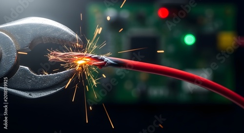 Close up of a wrench cutting through a live red electrical wire sparking