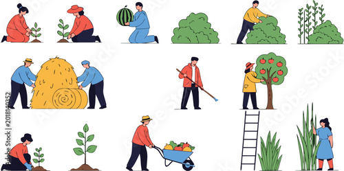 Foto Collection of Diverse Farmers Working in Garden Planting Harvesting and Caring f
