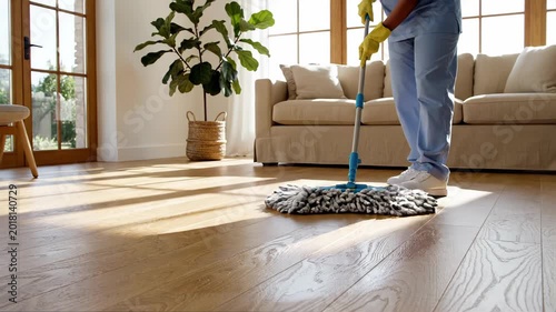 Person in blue scrubs and yellow gloves mops a light wood floor