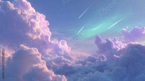 Soft lavender clouds with bright meteors in night sky