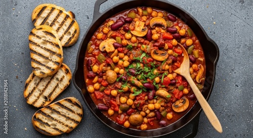 Vegetable chili with beans, chickpeas, and mushrooms in a cast iron skillet, served with slices of grilled bread on a stone background.