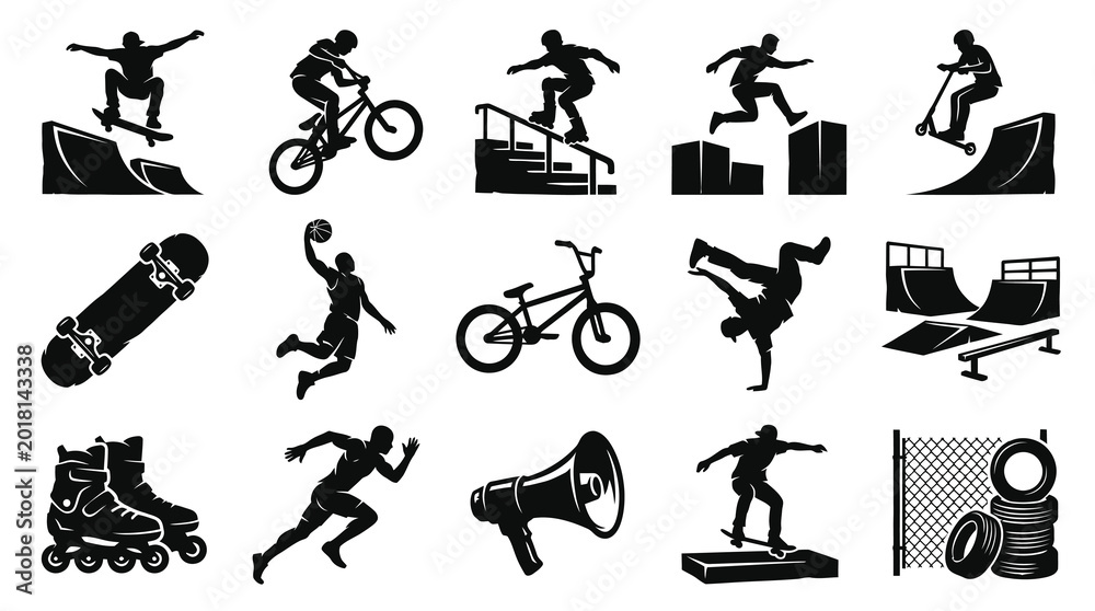 Naklejka premium Extreme Sports Urban Lifestyle Black and White Silhouettes Set. Action Athletes Street Culture Icons.