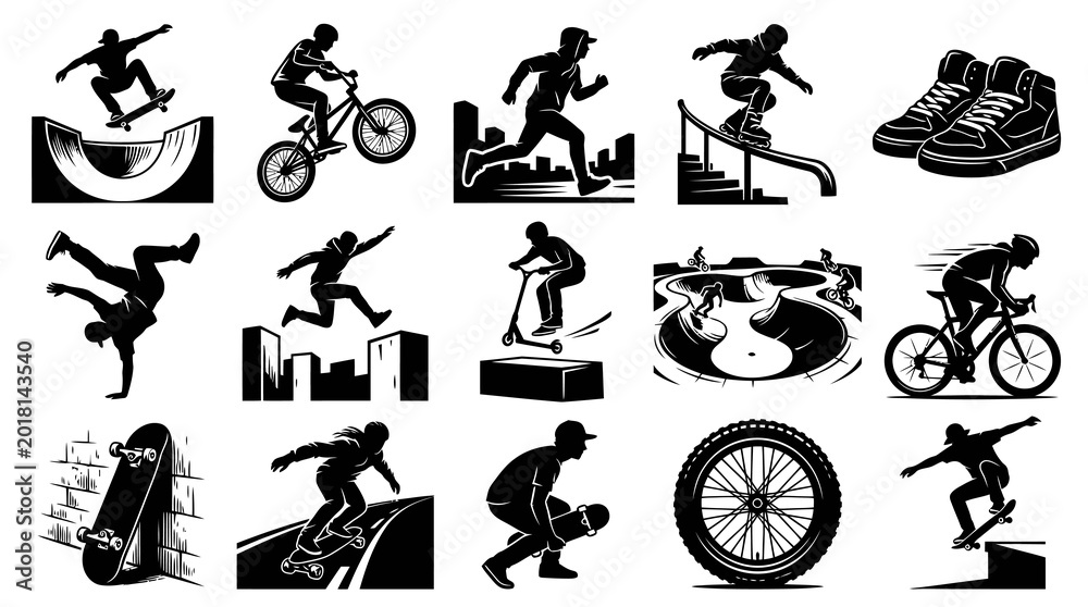 Obraz premium Black and White Silhouette Icons of Extreme Sports Athletes and Gear