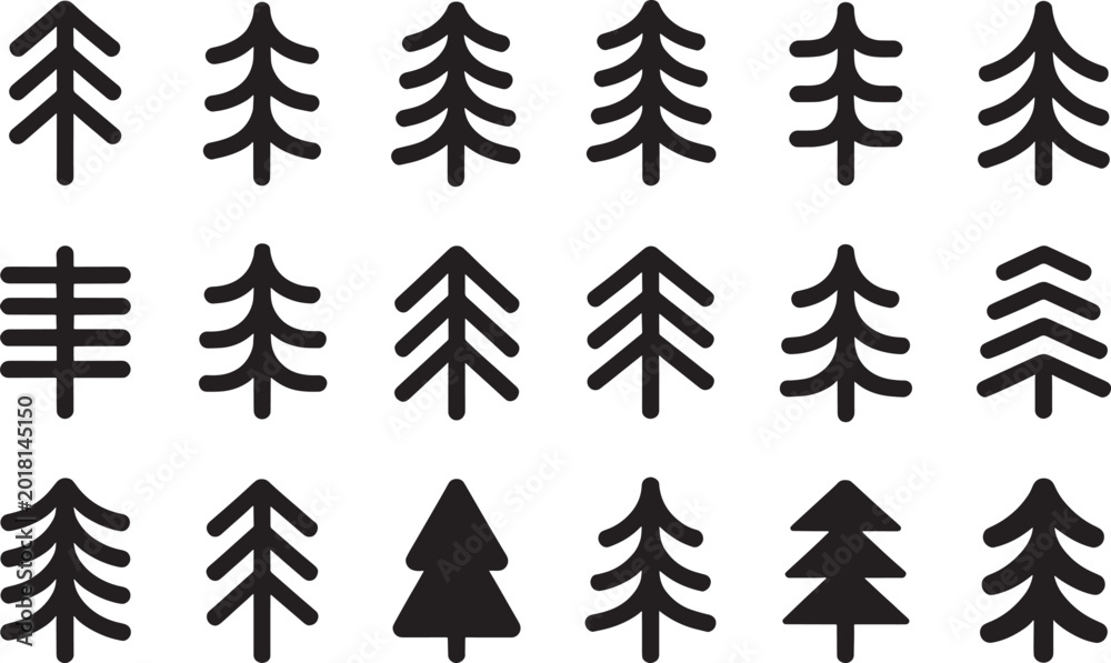 Obraz premium Collection of simple Christmas tree icons in various styles, festive holiday season symbols.