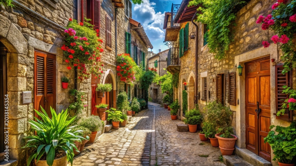 Fototapeta premium A photo of a narrow cobblestone street in an old town, surrounded by buildings with colorful shutters, intricate wooden balconies, and lush greenery o