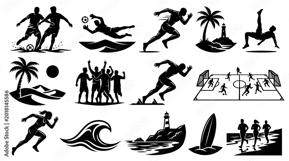 Obraz premium Black and White Vector Sports, Fitness, and Outdoor Activity Icons Set with Beach and Recreation Silhouettes.