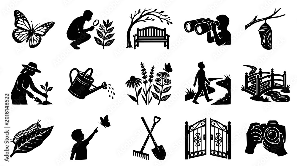 Obraz premium Black and White Garden Icons: Butterfly, Gardening, Nature Study, and Landscape Elements