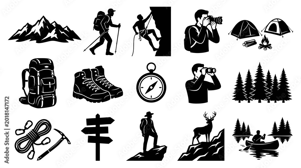 Obraz premium Black and White Vector Icons of Outdoor Adventure, Camping, Hiking, and Nature