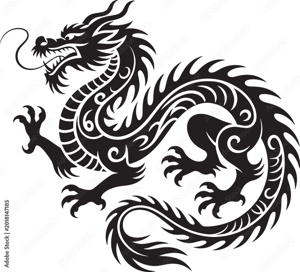 Fototapeta premium Black chinese dragon silhouette oriental mythology symbol mystical creature serpentine body element.