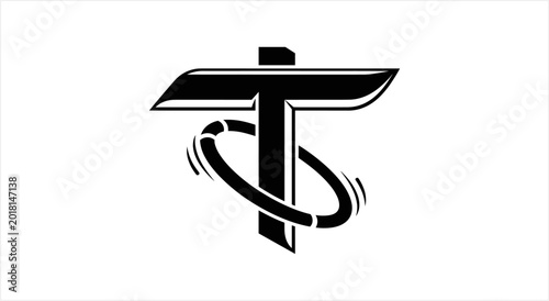 Konstfotografi Stylized black cross with orbiting ring symbol.