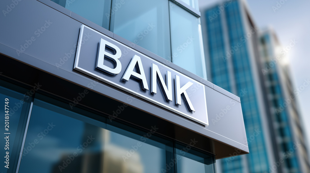 Obraz premium Modern bank building exterior with sign representing finance, banking services and corporate economy.