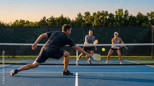 Active men and woman playing pickleball on an outdoor court at sunset. Recreational sports game with paddles, net and fast rally during a fitness and social competition session.